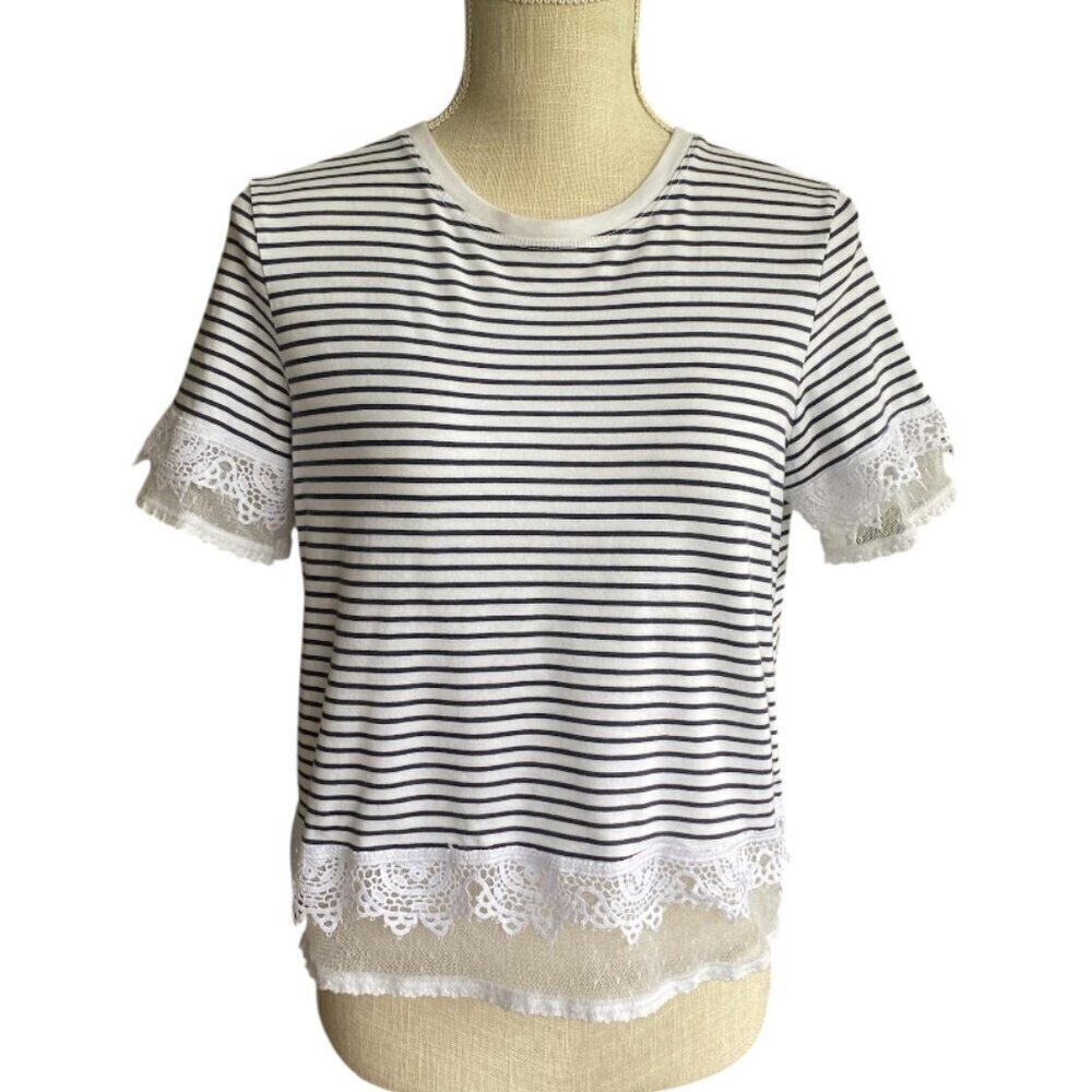 Topshop Lace Short Sleeve Striped T Shirt Sz 6​​​​​